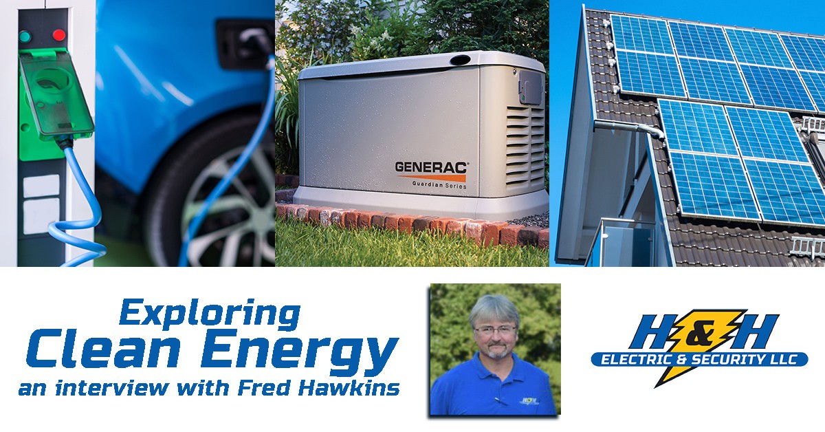 Electric car recharging, Generac generator, and solar panels with picture of Fred Hawkins to promote clean energy