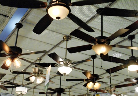 Many ceiling fans on a ceiling